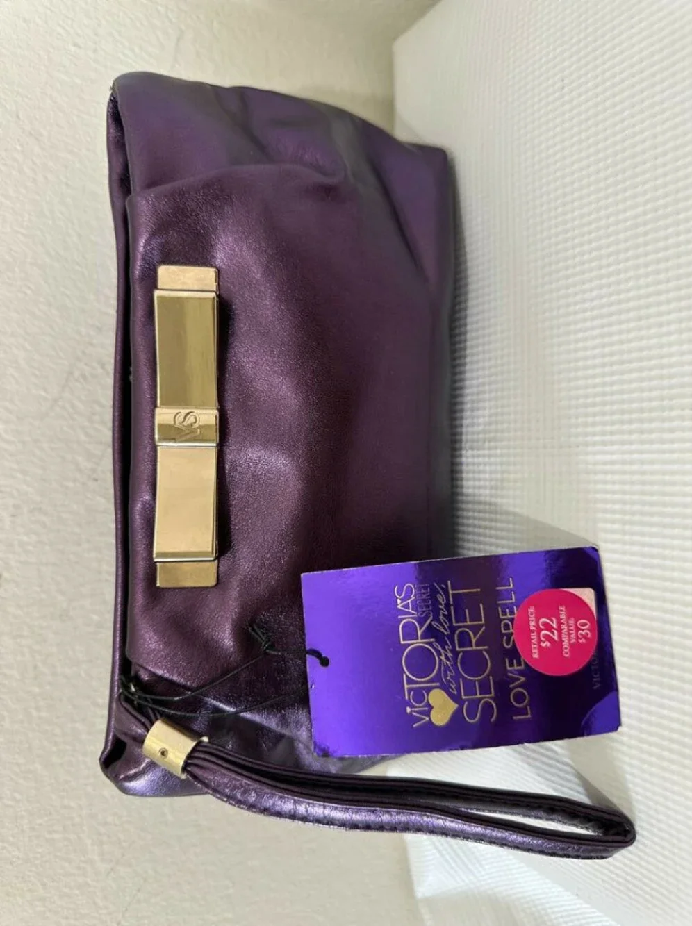 Victoria's Secret Purple Clutch Wristlet Evening Bag Make Up Bag w/Gold Bow